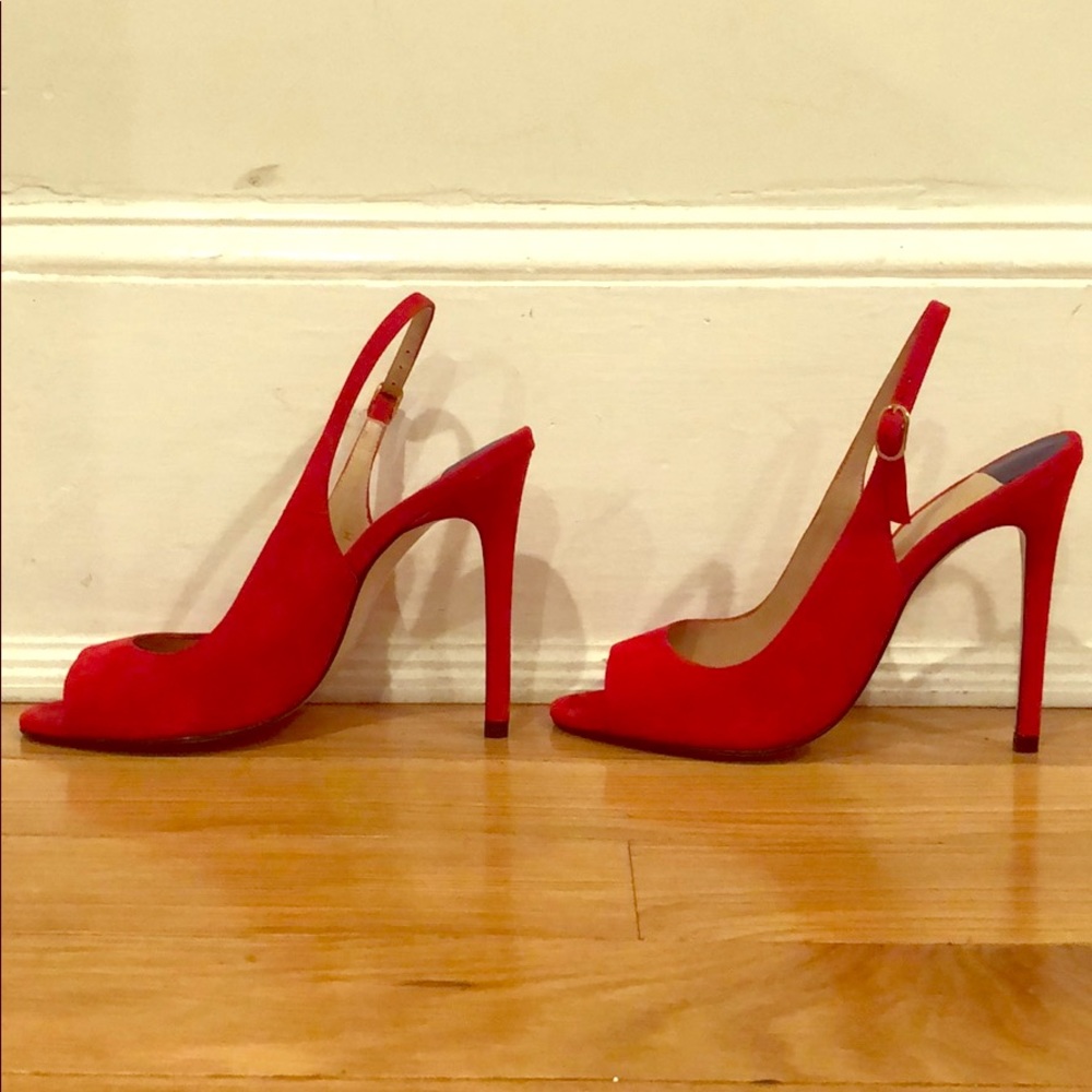Stuart Weitzman red suede sling back stilettos